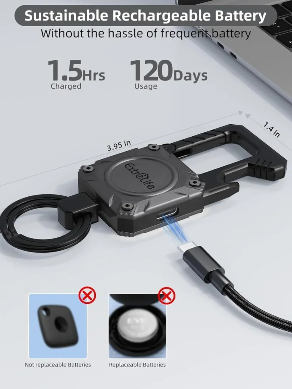 Smart Keychain with GPS Tracker, Bottle Opener & Carabiner - Find My Compatible